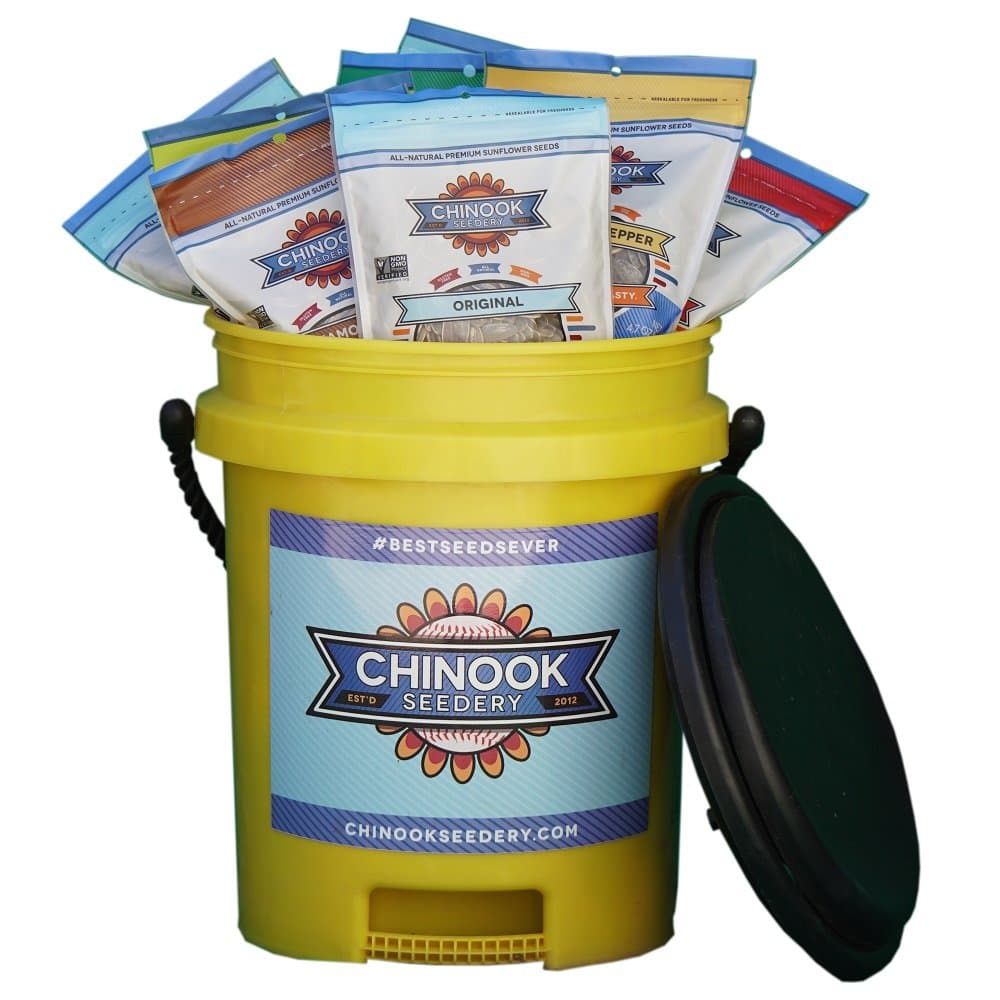 Chinook Seedery Five Gallon Team Bucket with Swivel Seat Filled With 12 - 4.7 oz Bags of non-GMO Sunflower Seeds, Variety Pack