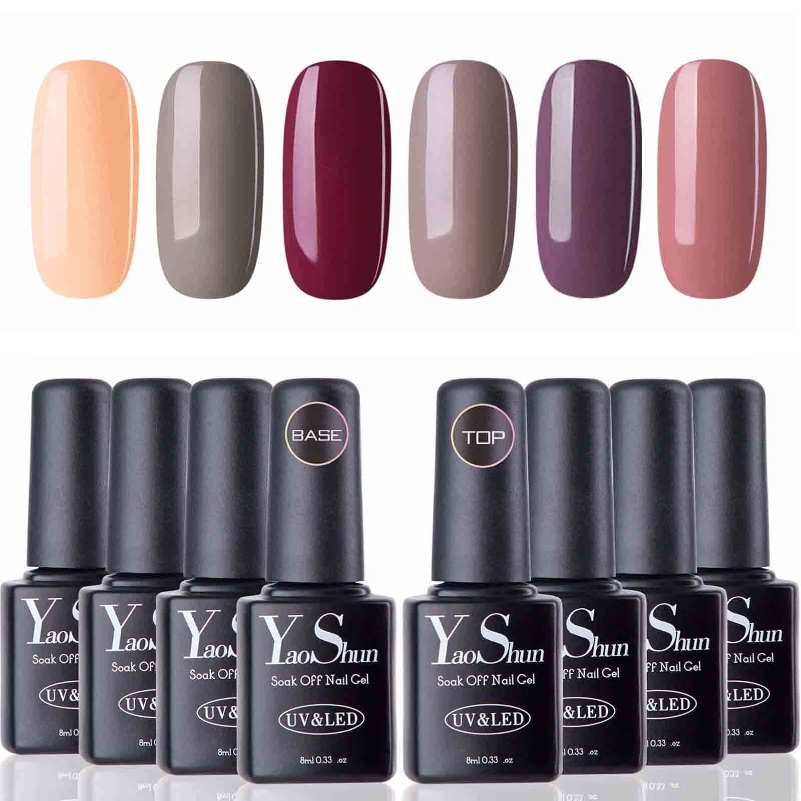 Y&S Soak Off Gel Nail Polish UV LED 6 Colours Gel Polish Set + Top Coat and Base Coat Nail Salon Manicure Art Starter Kit #003, 8ml