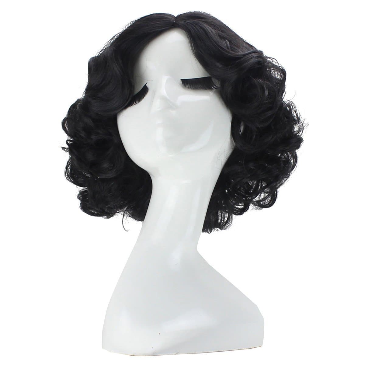 Hair Cap+Short Black Curly Wigs with Middle Part for Women Synthetic Wig Black Anime Wigs Princess Cosplay Wig for Halloween Party Christmas Costume