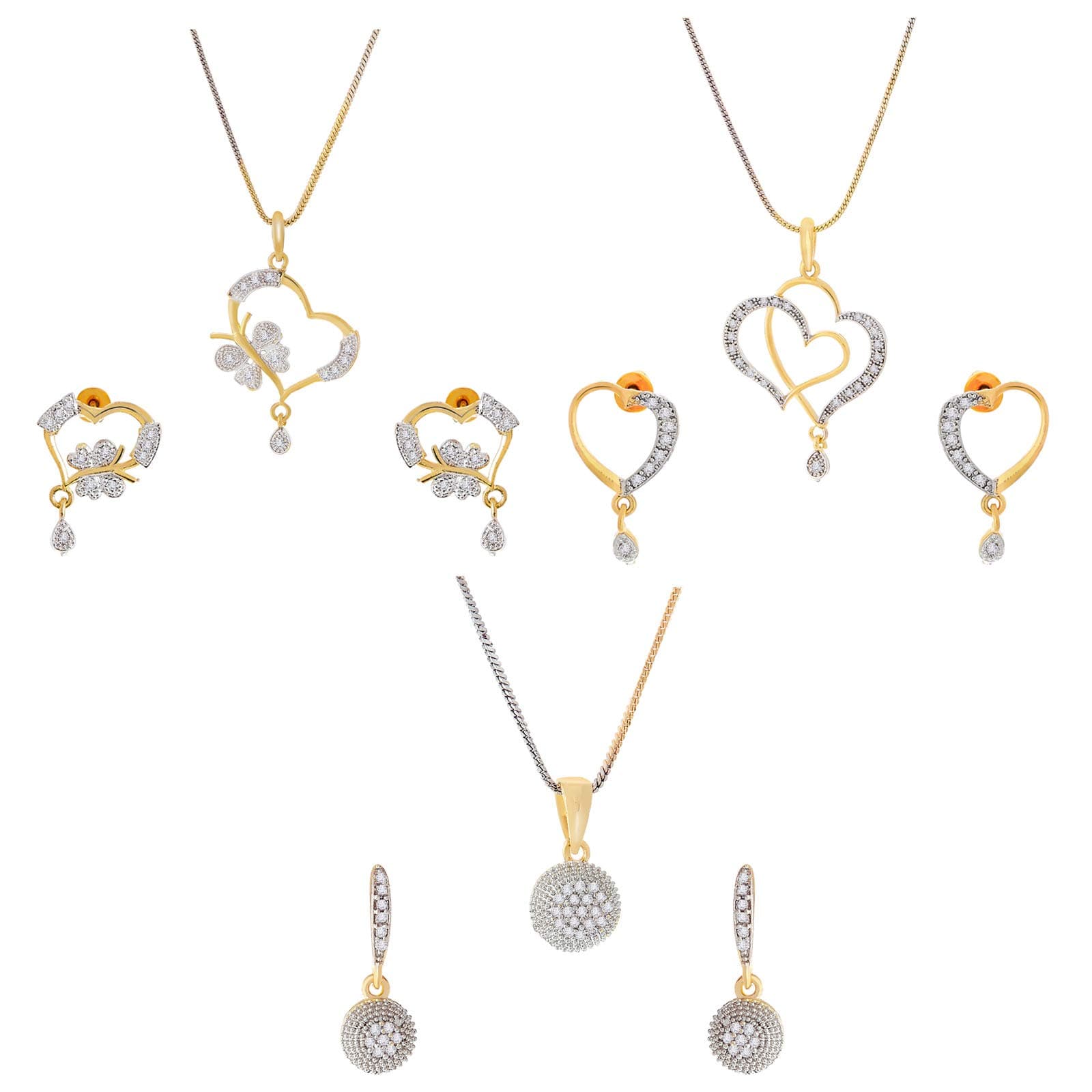Jewellery Set Gold Plated American Diamond Heart Shape and Crystal Style Pendant Necklace Set for Women and Girls Set Of 3