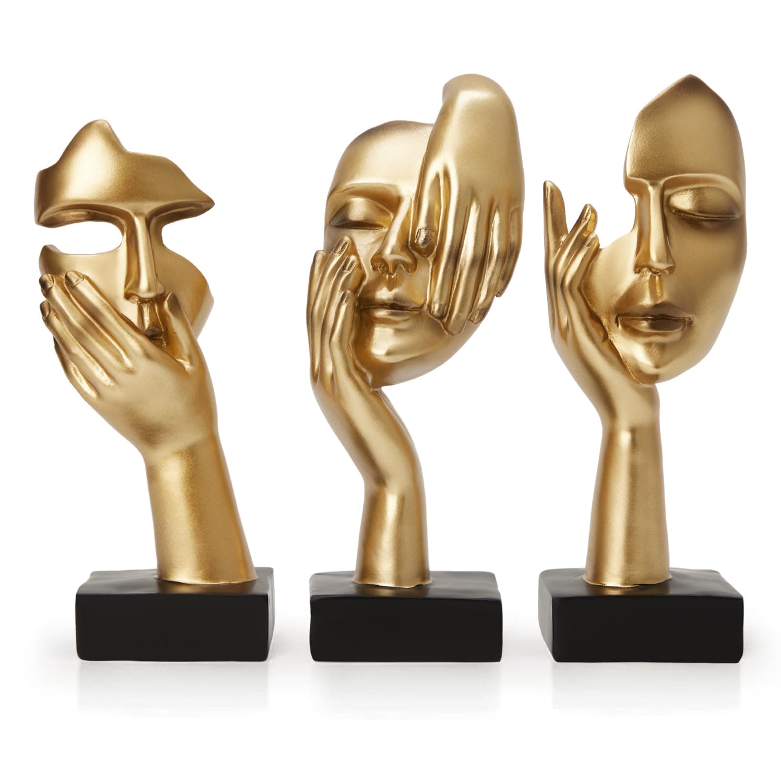 Gold Decor Thinker Statues Set of 3,Golden Abstract Face Resin Sculptures,Home Decor Accents,Office Bookshelf Decor, Shelf Side, Table Decorations for Living Room, Gift for Friends (gold-3Pcs)