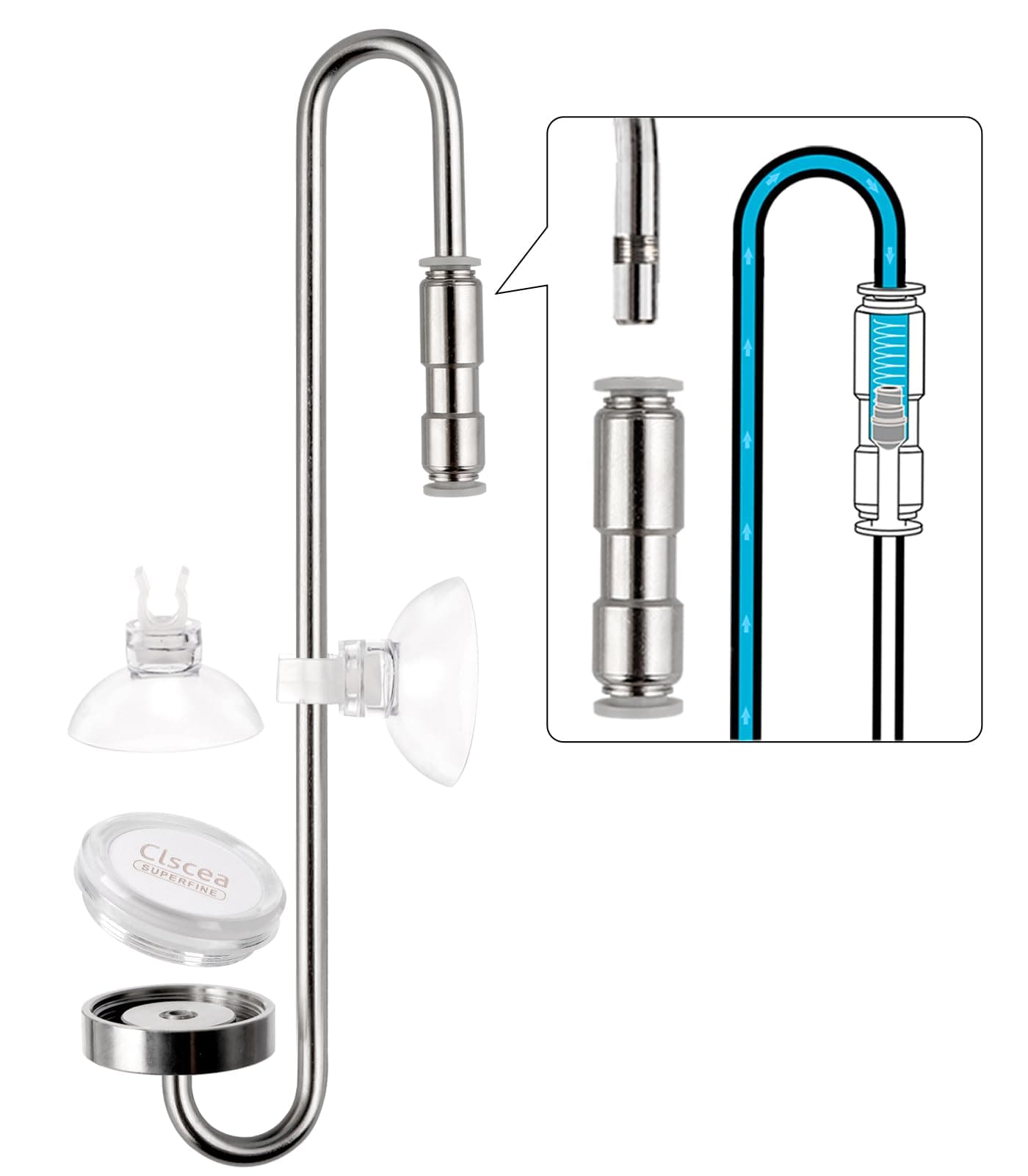 Clscea Aquarium Stainless Steel CO2 Diffuser Atomizer with Integrated Check Valve for Rimless Tanks 40cm