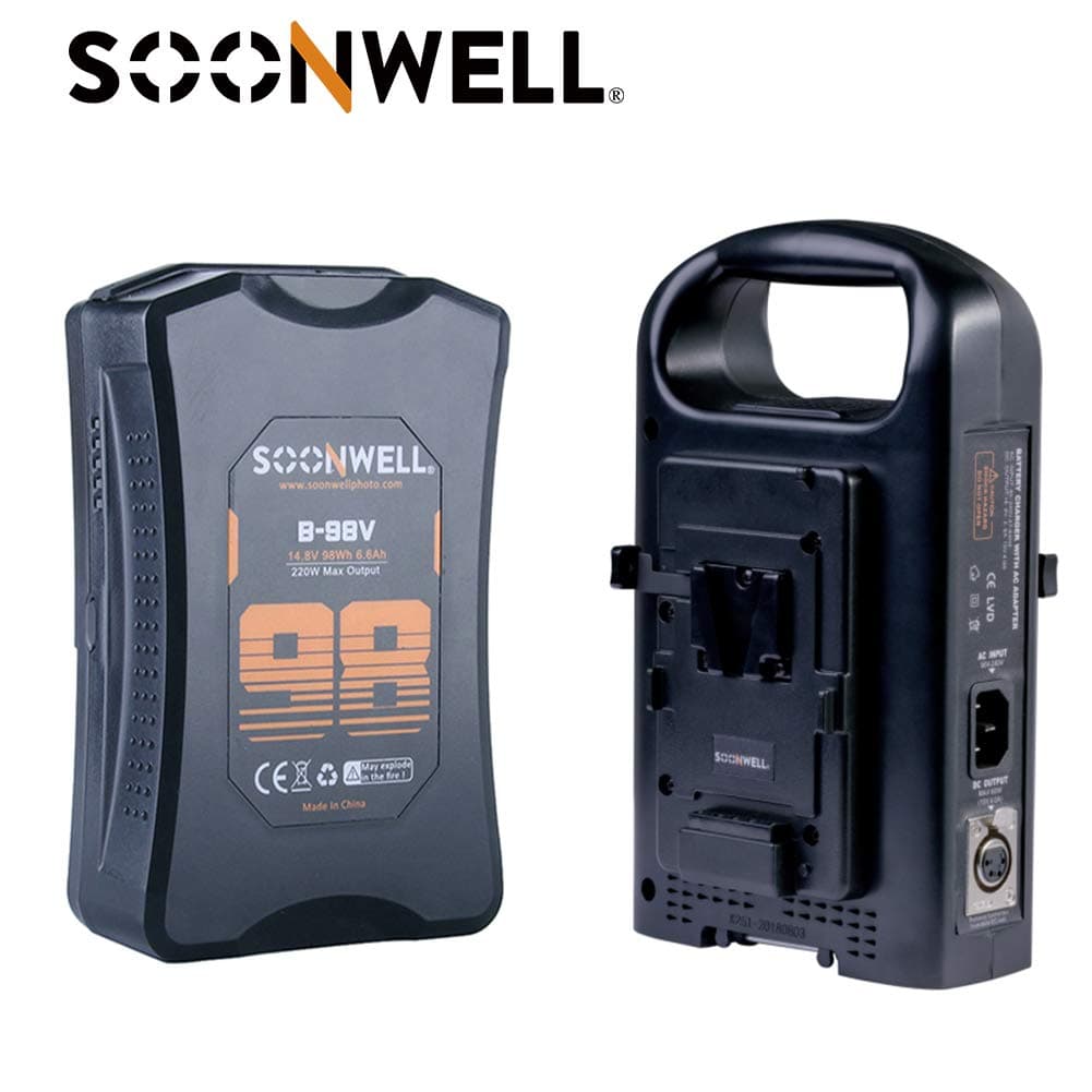 SOONWELL 98Wh 14.8V Lithium-Ion V-Mount V Lock Battery & Dual Battery Charger Bundle for DSLR,BMD,ARRI,RED