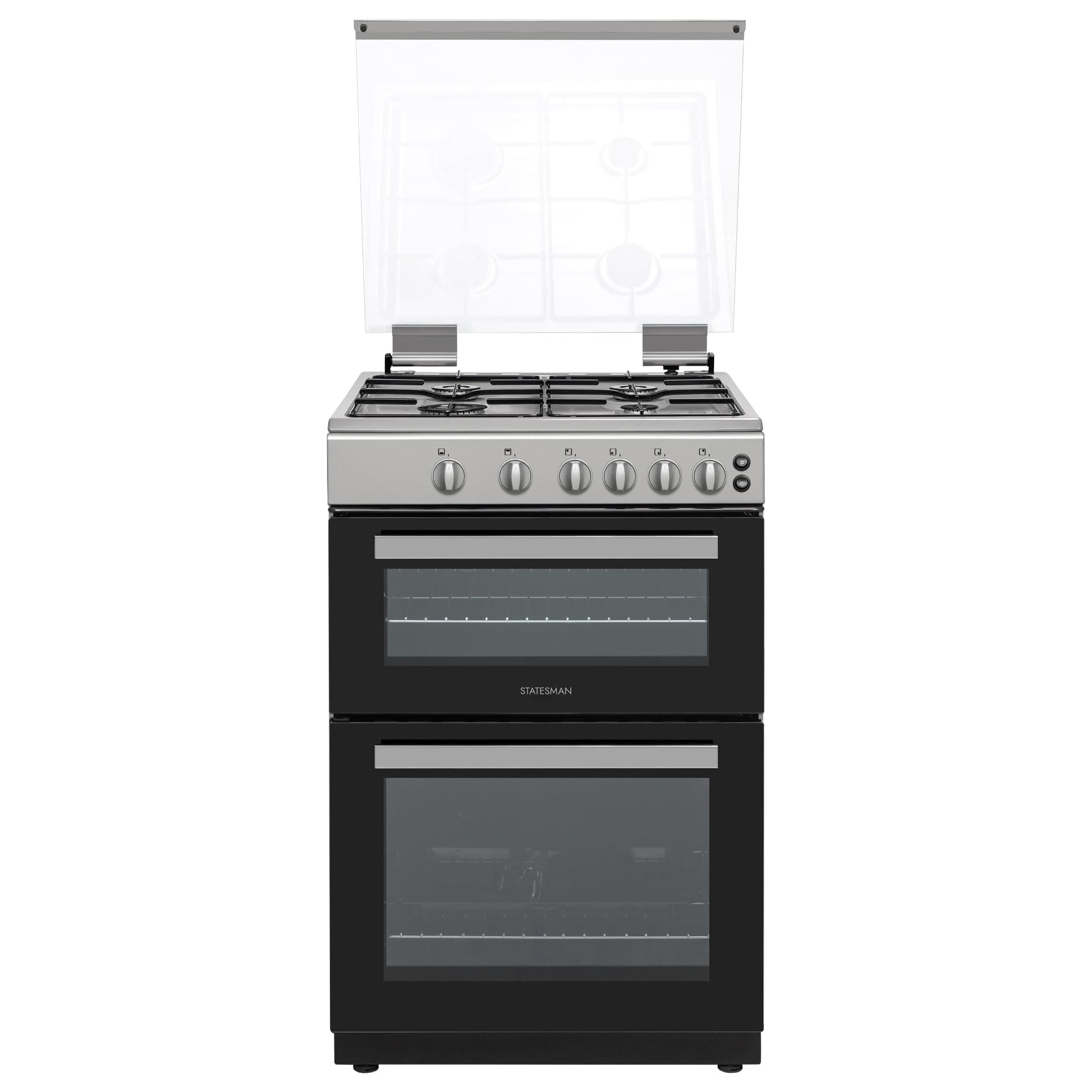 Statesman GDL60S Double Oven Gas Cooker with Glass Lid & Closed Door Grilling, 4 Gas Burners, 60cm Wide, Silver
