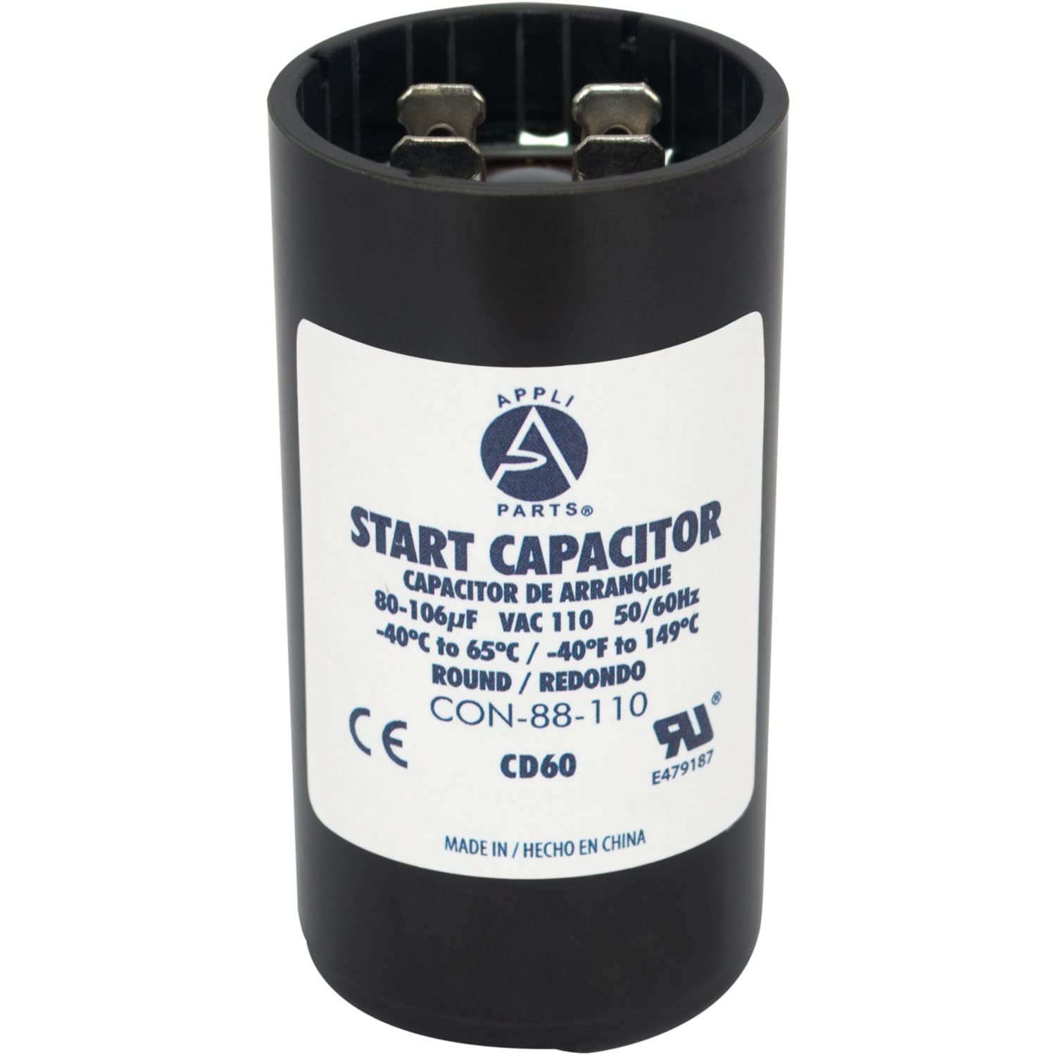 Appli Parts Motor Start Capacitor 80-106 Mfd (microfarads) uF 110-125 VAC Universal fit for Electric Motor Applications 1-7/16 in Diameter 2-3/4 in Height CON-88-110