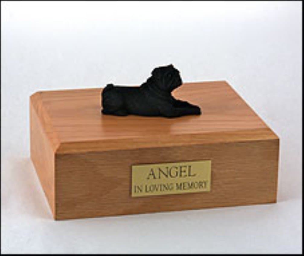 Pug Dog, Pet Cremation Urn - Black Pug Figurine on Traditional, Small Sized, Walnut Wood Urn. (Listing Is for a Walnut Wood … Please See Color Swatch … NOT Oak Wood, As Pictured.)