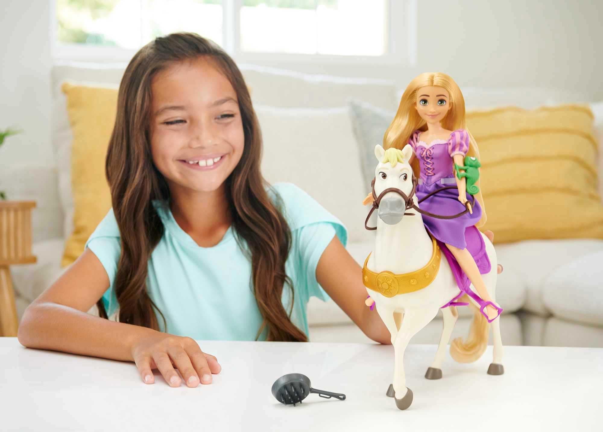 Disney Princess Toys, Rapunzel Doll with Maximus Horse, Pascal Figure, Brush and Riding Accessories, Inspired by the Disney Movie, HLW23