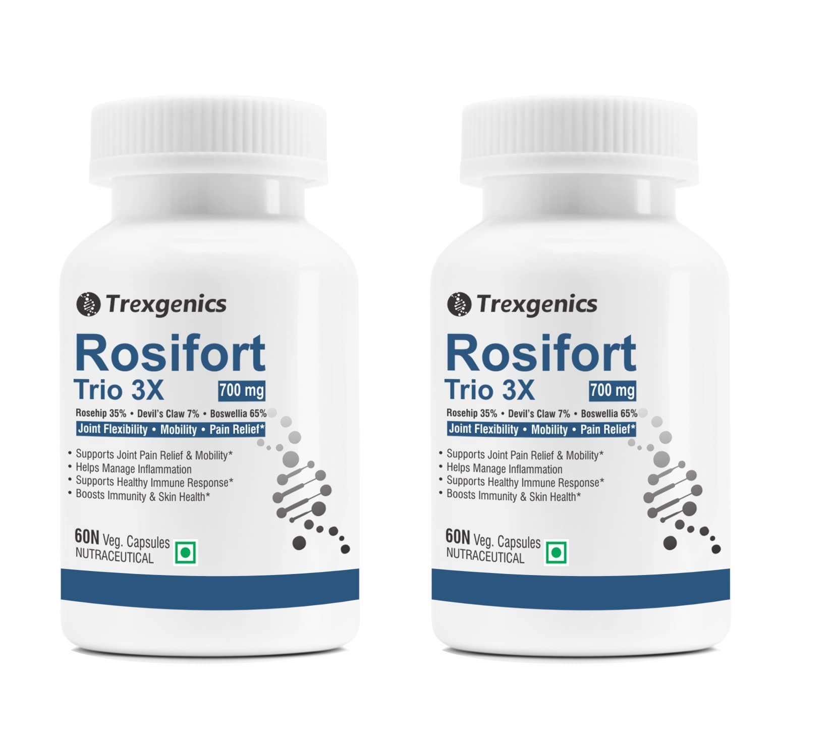 ROSIFORTE TRIO Rosehip, Boswellia, Devil's Claw 700 mg Joint Pain & Inflammation Support VEGAN & NON-GMO (60 Veg. Capsules) (Pack of 2)