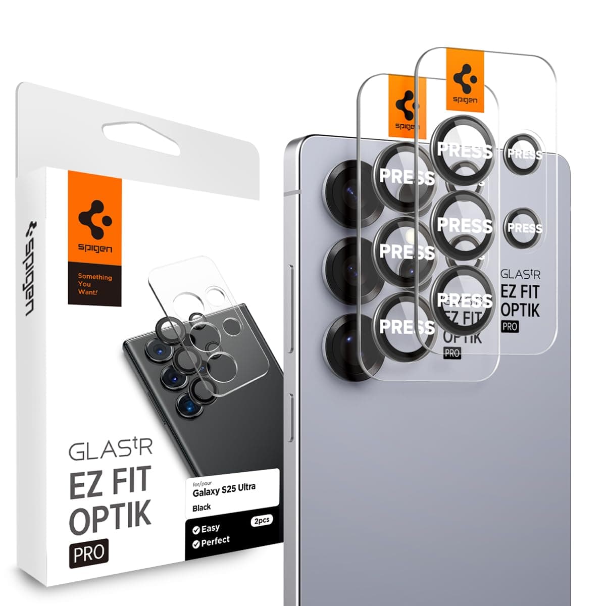 Spigen Glas.tR EZ Fit Optik Pro Tempered Glass Camera Lens Protector for Samsung Galaxy S25 Ultra, 2 Pack, Black, Individual Lens Protection, Anti-Scratch, 9H Hardness