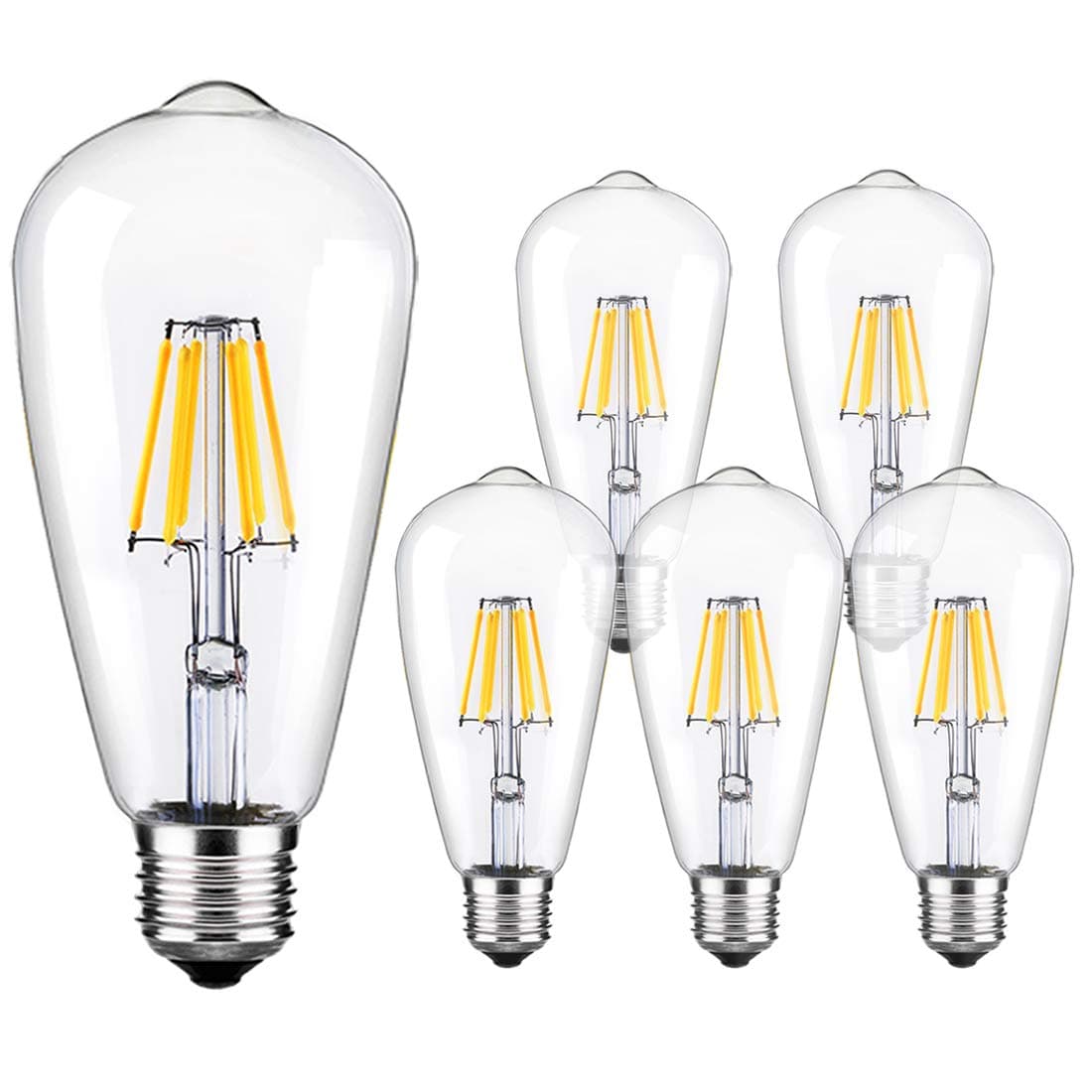 LED Edison Bulbs,Dimmable Vintage Light Bulb,6W 5500K - 6000K Bright Daylight White,E26/E27 Base 6-Pack Antique Filament Bulb