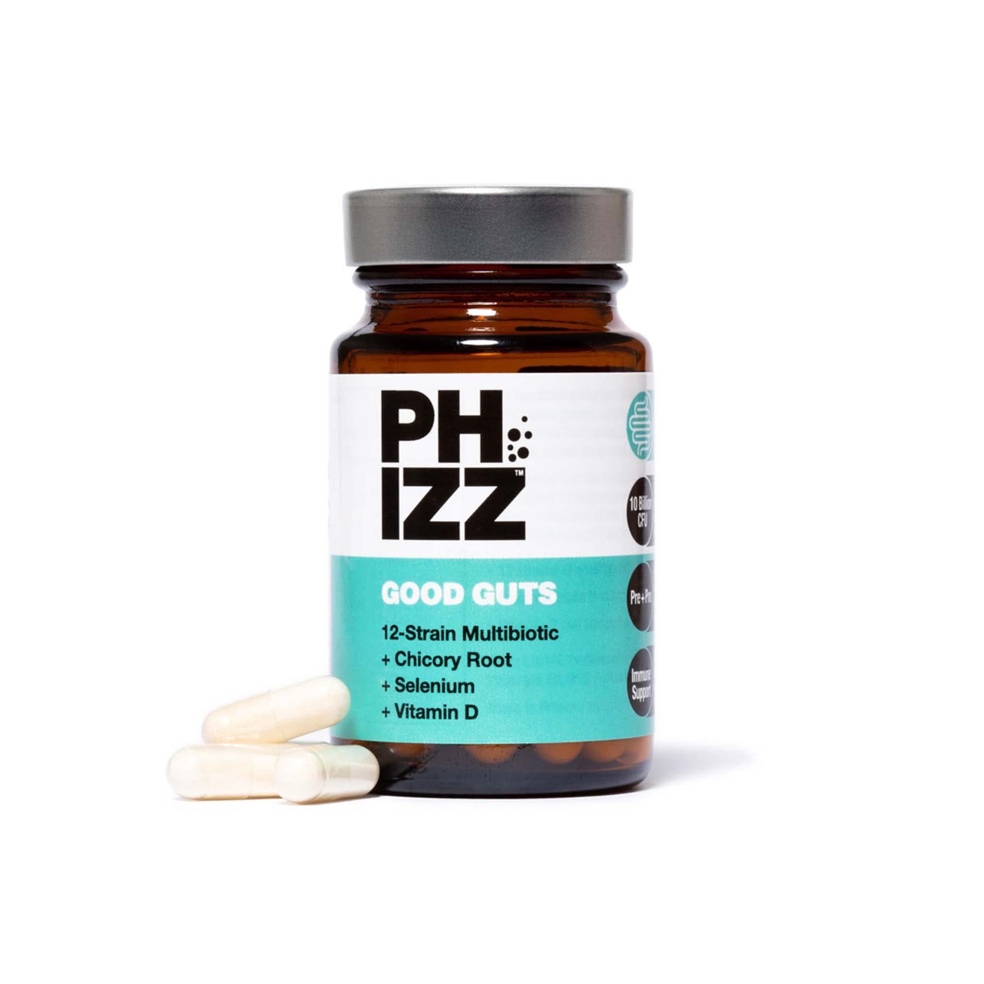 Phizz Good Guts: Daily 12-Strain Multibiotic - 10 Billion CFU + Prebiotic + Vitamin D