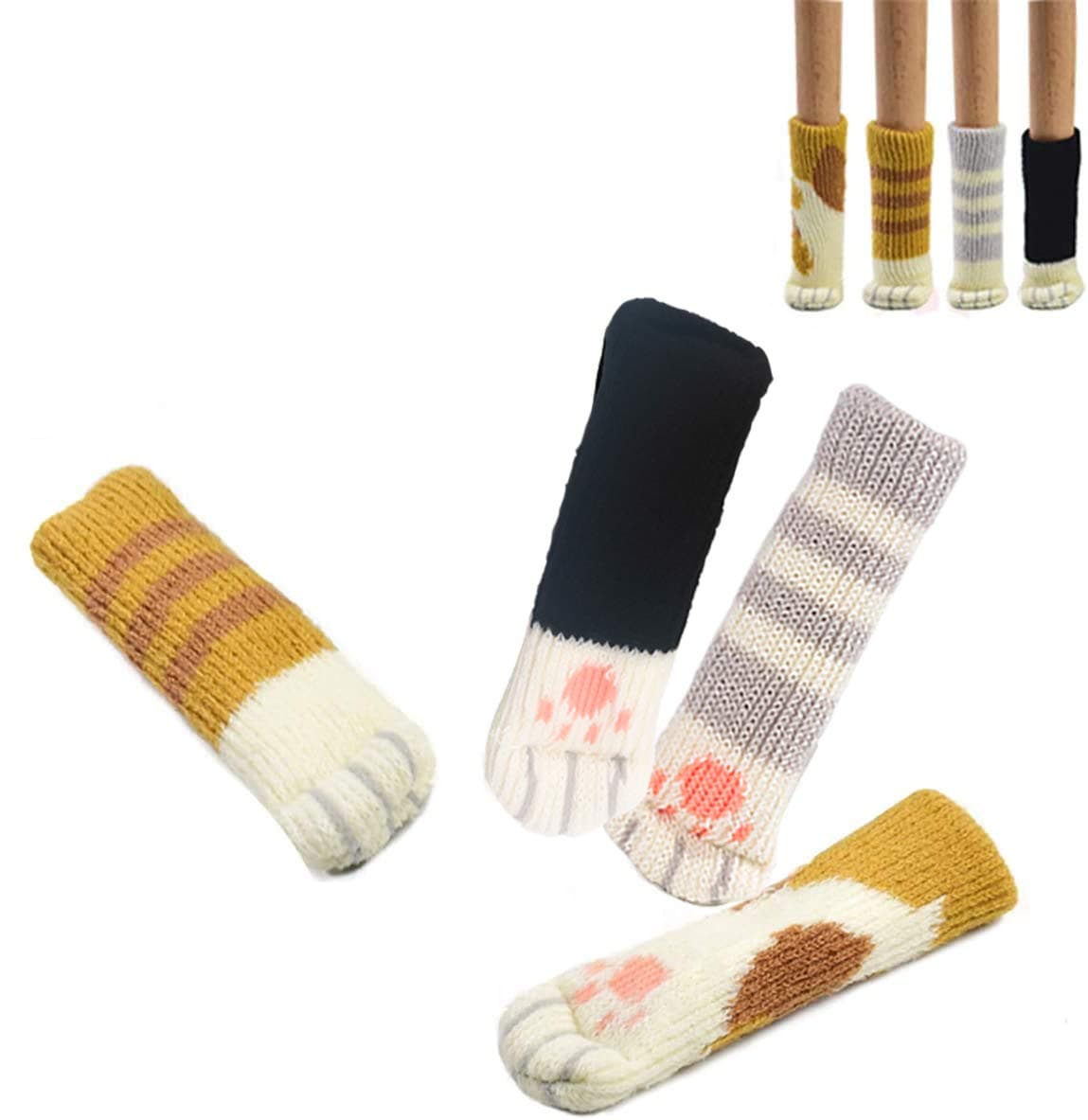 UrsoKuz 20 Chair Socks(5 Sets) - Fancy Table Leg Pads with Cute Cat Paws Design, Reliable Furniture & Floor Protector, 4 Different Patterns + 1 Motley Ginger Pattern - Pack of 20 Socks