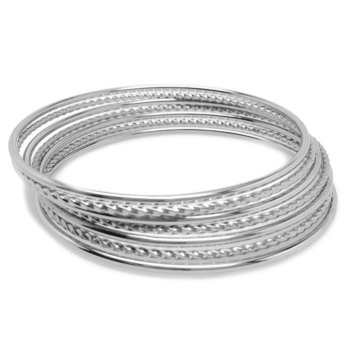Thin Silver Stainless Steel Textured Bangle Bracelet Set of 7