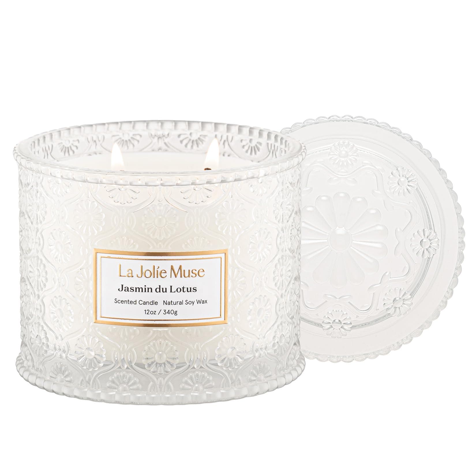 Jasmin du Lotus Candle - Ivy, Jasmine, Cedarwood | 12 oz Large 2-Wick Soy Wax Candle | 60 Hours Clean Burn | Floral Scented Candle | Gift-Ready for Hosts & Gatherings