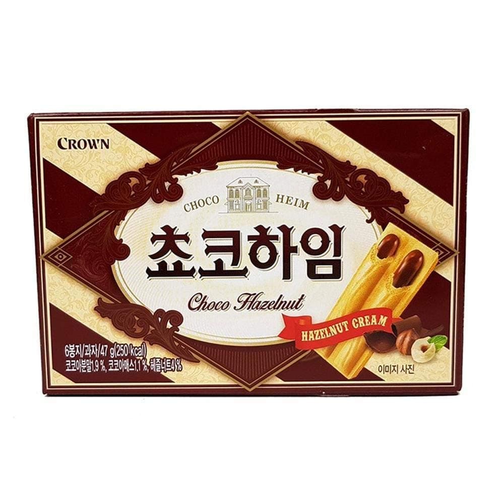 Crown Choco Heim | 47g | Pack of 5, Korean Snack, Chocolate Cream Wafers with Hazelnut Spread, Sweet & Rich Flavors, 초코하임
