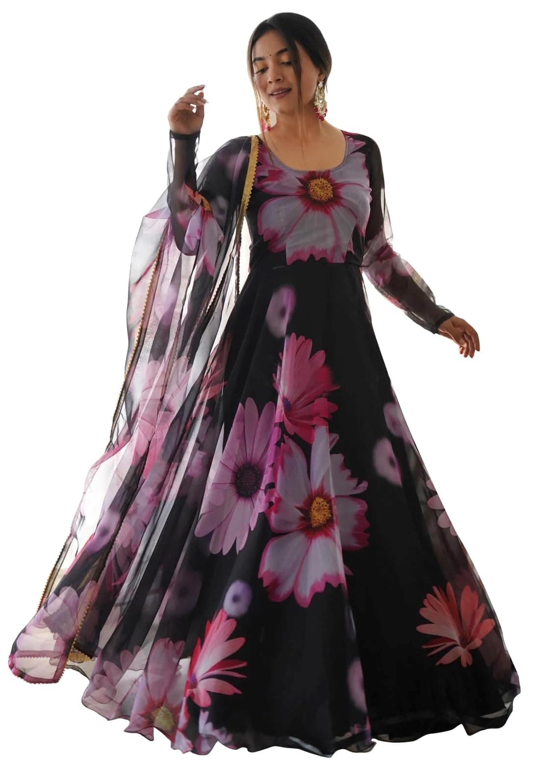 ShasmiWomens Organza Stylish Floral Printed Orgenza Anarkali Ankle Length Dress Gown, Kurta with Dupatta Set Anarkali Gown with Dupatta