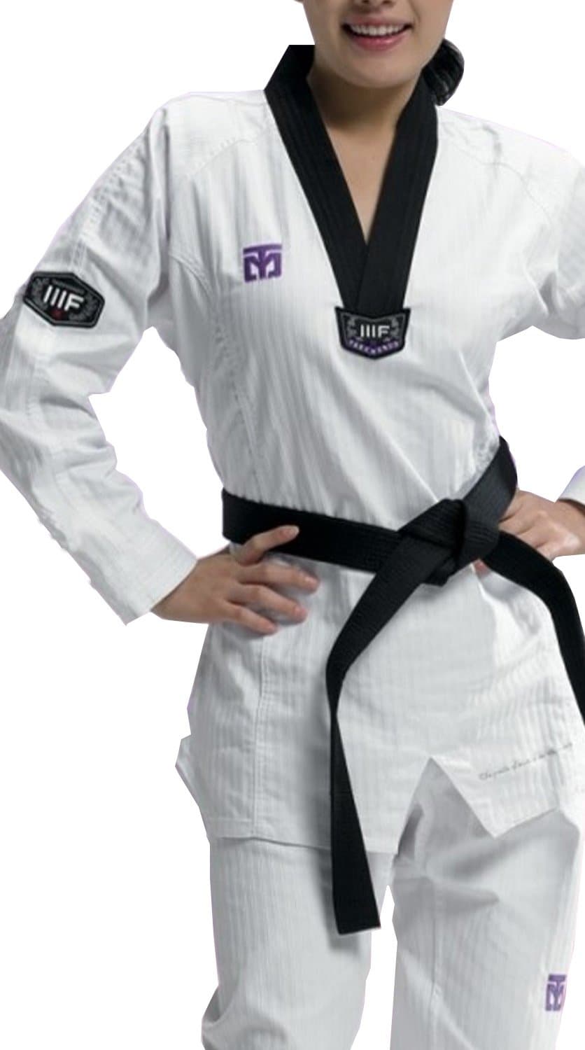Mooto Taekwondo 3f Woman's Uniform Fashion Slim Fit TKD Dobok Black V-Neck with Free One Taekwondo Patch WTF 0 to 6