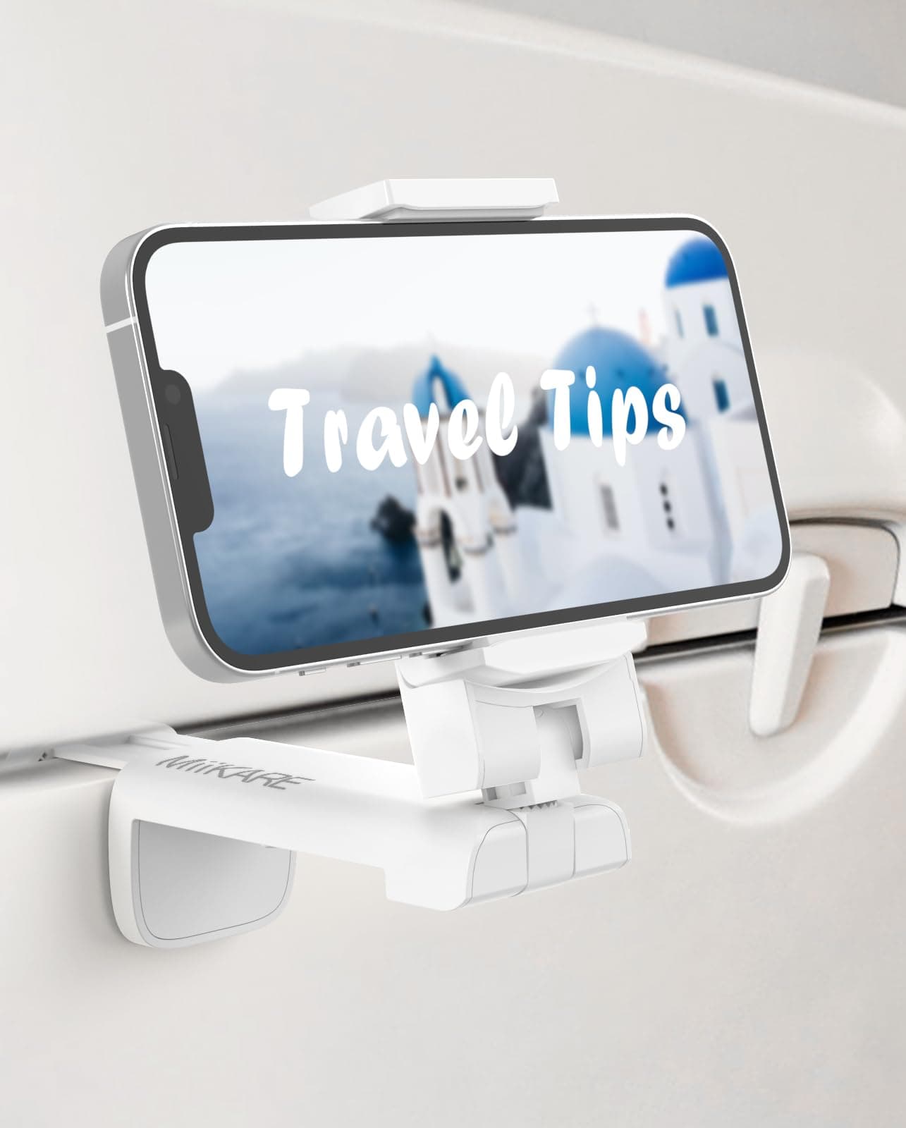 MiiKARE Travel Essentials Airplane Phone Holder, Universal Handsfree Phone Mount for Flying with 360 Degree Rotation, Travel Must Haves Phone Stand for Desk, Tray Table, White