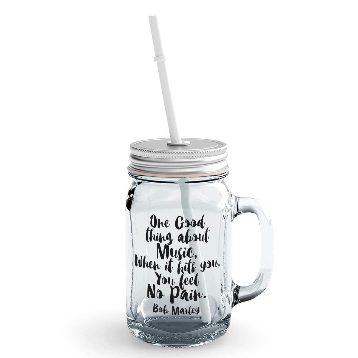 Clear Mason Jar-Music Feel No Pain Bob Marley Quote Glass Jar With Straws