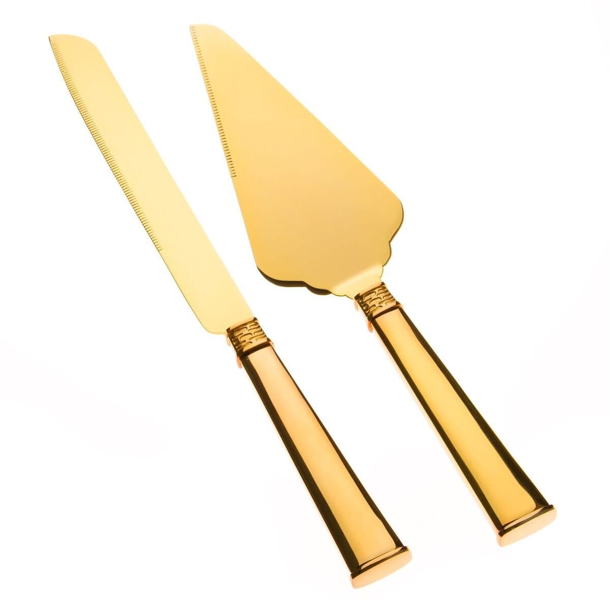 Ella Celebration Wedding Cake Knife and Server Set, Cutting Set for Bride and Groom, Modern Servers (Gold)