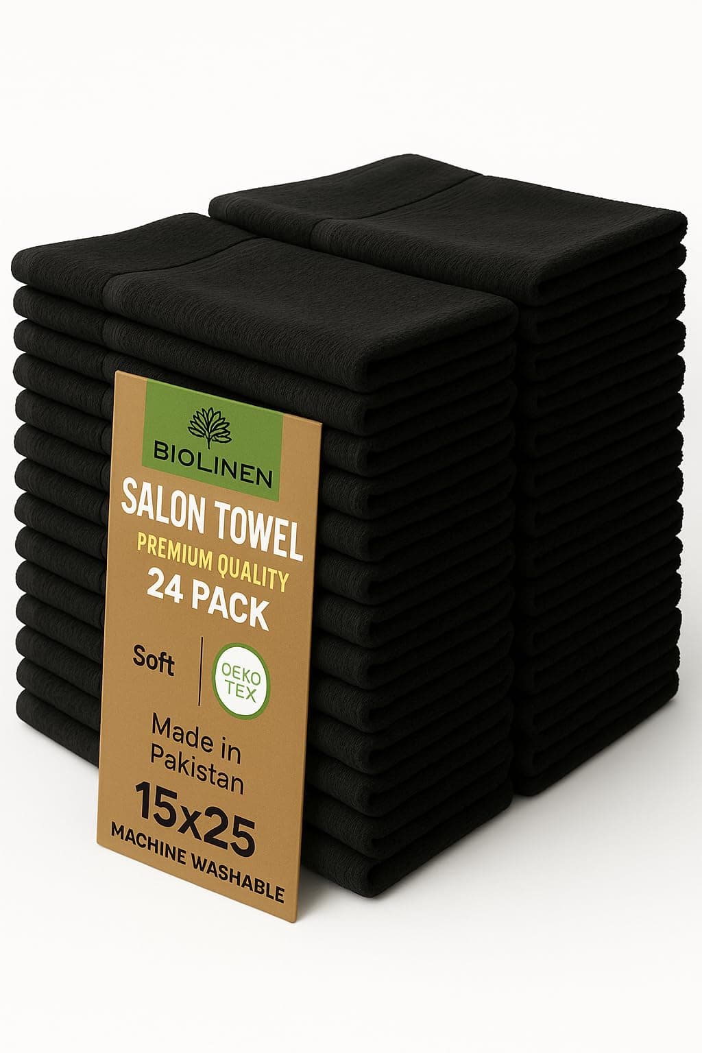 BIOLINEN Cotton Salon Towels Set 15"x25" Pack of 24 Ultra Soft 100% Cotton Gym Towel Hand Towel White Black Daily Usage Maximum Softness Absorbency for Home Gym Spa, Easy Care (Black)