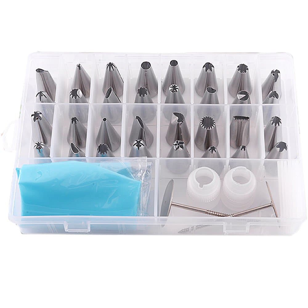 38pcs Cake Decorating Supplies Kit Piping Tips Set with 32 pcs Stainless Steel Piping Flower Nozzels 2 Silicone Pastry Bags, 2 Flower Nails,2 Standard Coupler for DIY Cupcakes Cookies