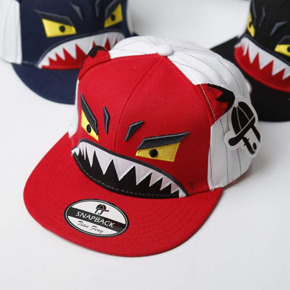 zhuzhuwen Cartoon ear big shark hip hop hat Korean version of the tide demon embroidery flower men and women flat cap 1 adjustable