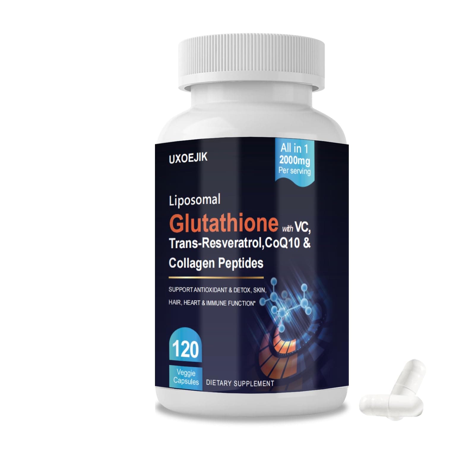 UXOEJIK Liposomal Glutathione 2000mg Supplement with Vitamin C & Resveratrol, Antioxidant Capsules for Immune Support, Liver Detox, Skin & Cellular Health (120 Count (Pack of 1)
