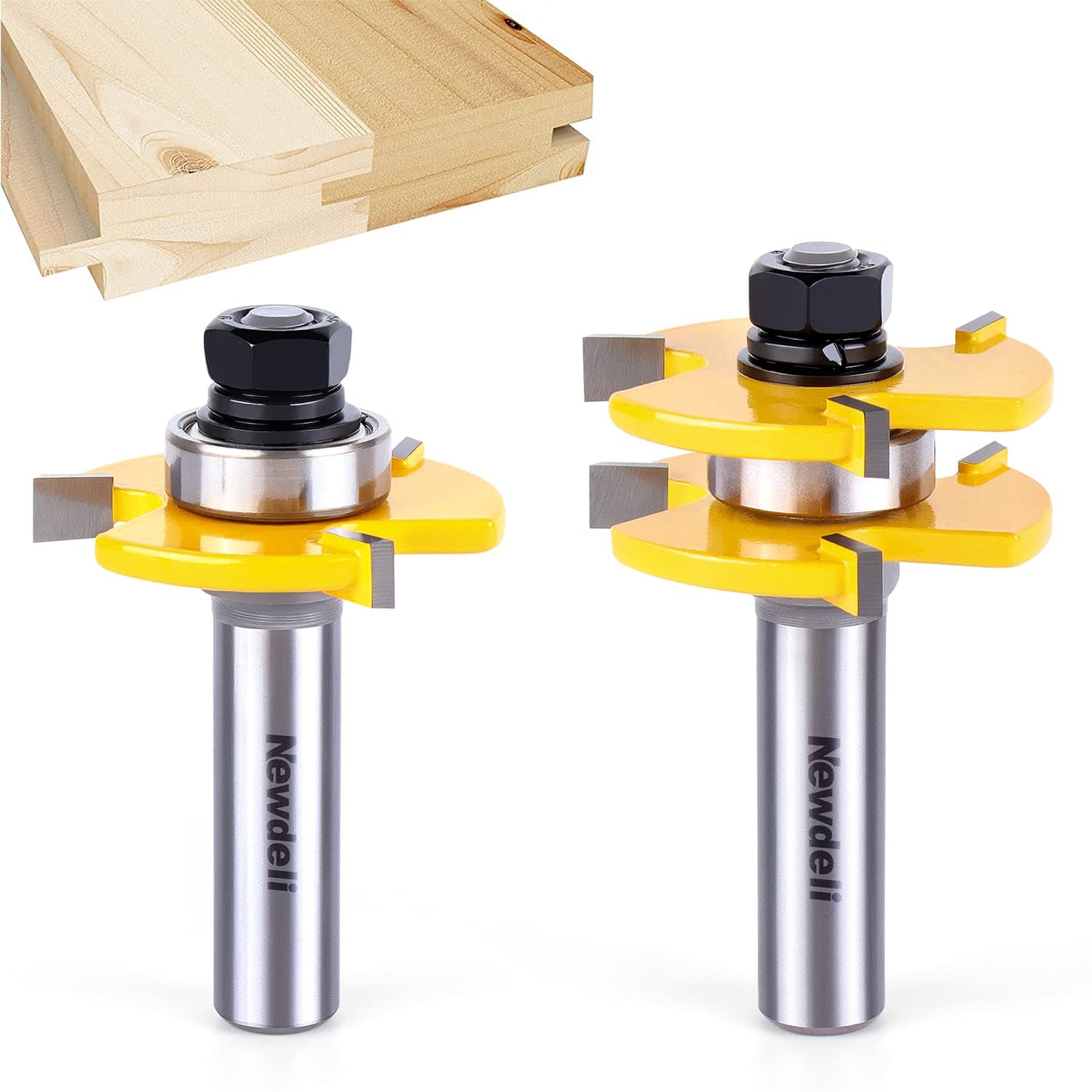 Newdeli Tongue and Groove Router Bit Set 1/2 Inch Shank， 3 Teeth Adjustable T Shape Wood Milling Cutter, Tongue Groove Router Bits