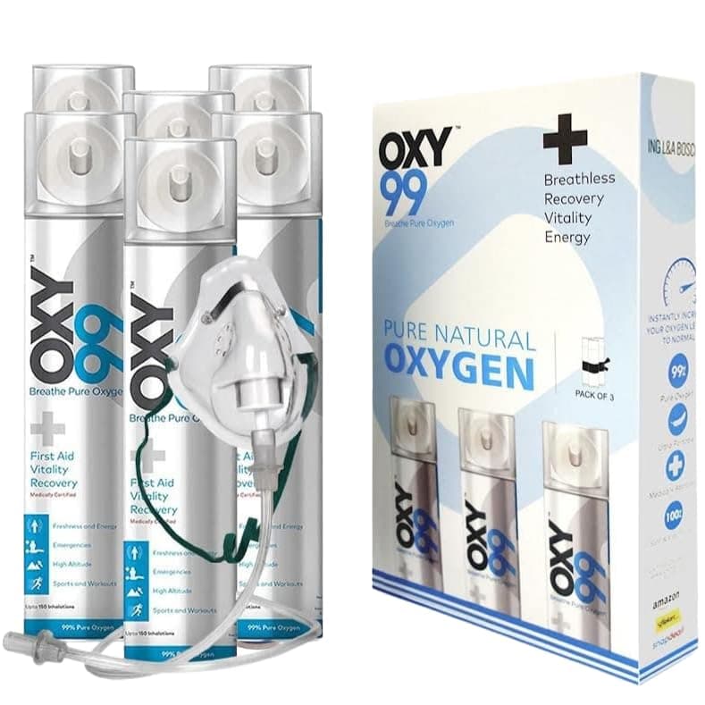 OXY99 Natural Oxygen Cylinder 6 Pack (36 ltr) with Mask, Tube & Elastic Strap - Oxygen Cylinder For Home, Oxygen Tank For Patients, Oxygen Can For Scuba Diving & Hiking Adventure, ING. BOSCHI ITALY