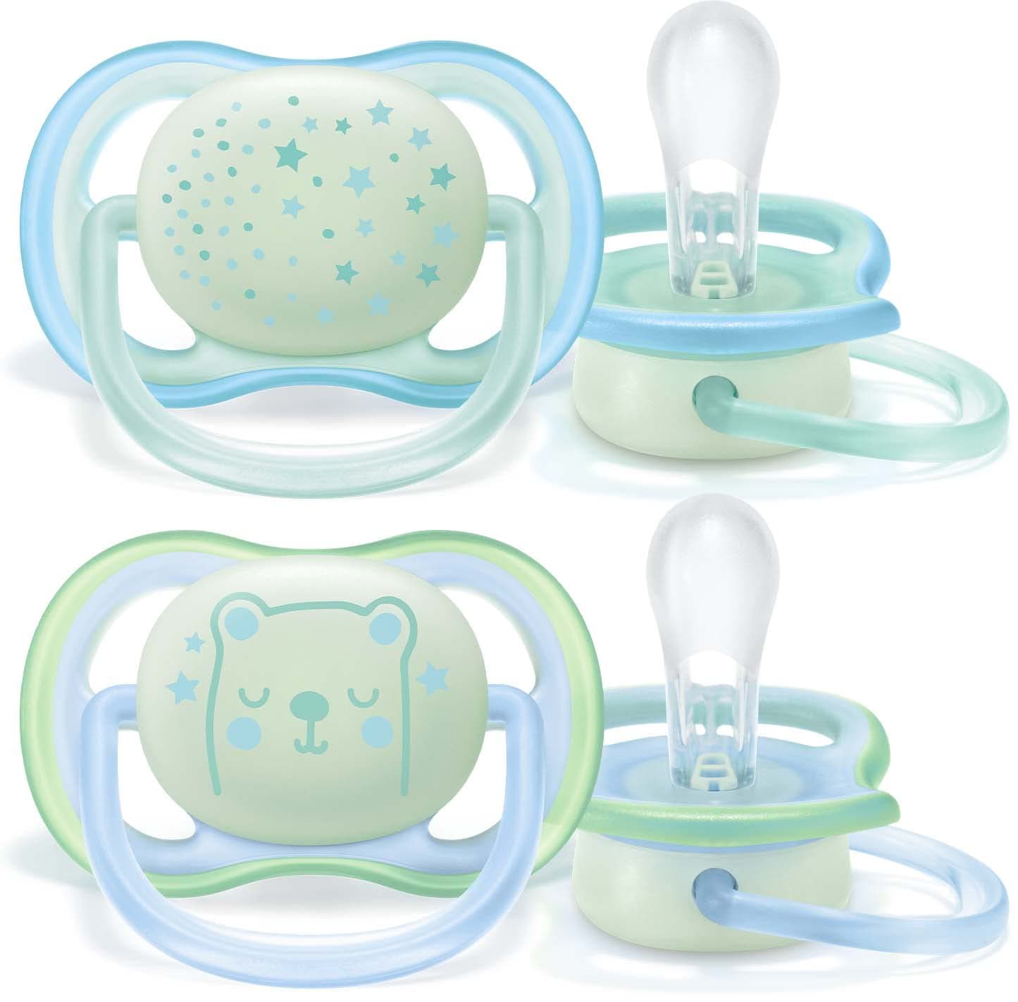 Philips Avent Soothers, 0-6m Ultra Air Night Soother with Glow-in-the-Dark Button, Star/Bear Design, Green/Blue (Pack of 2) - SCF376/11