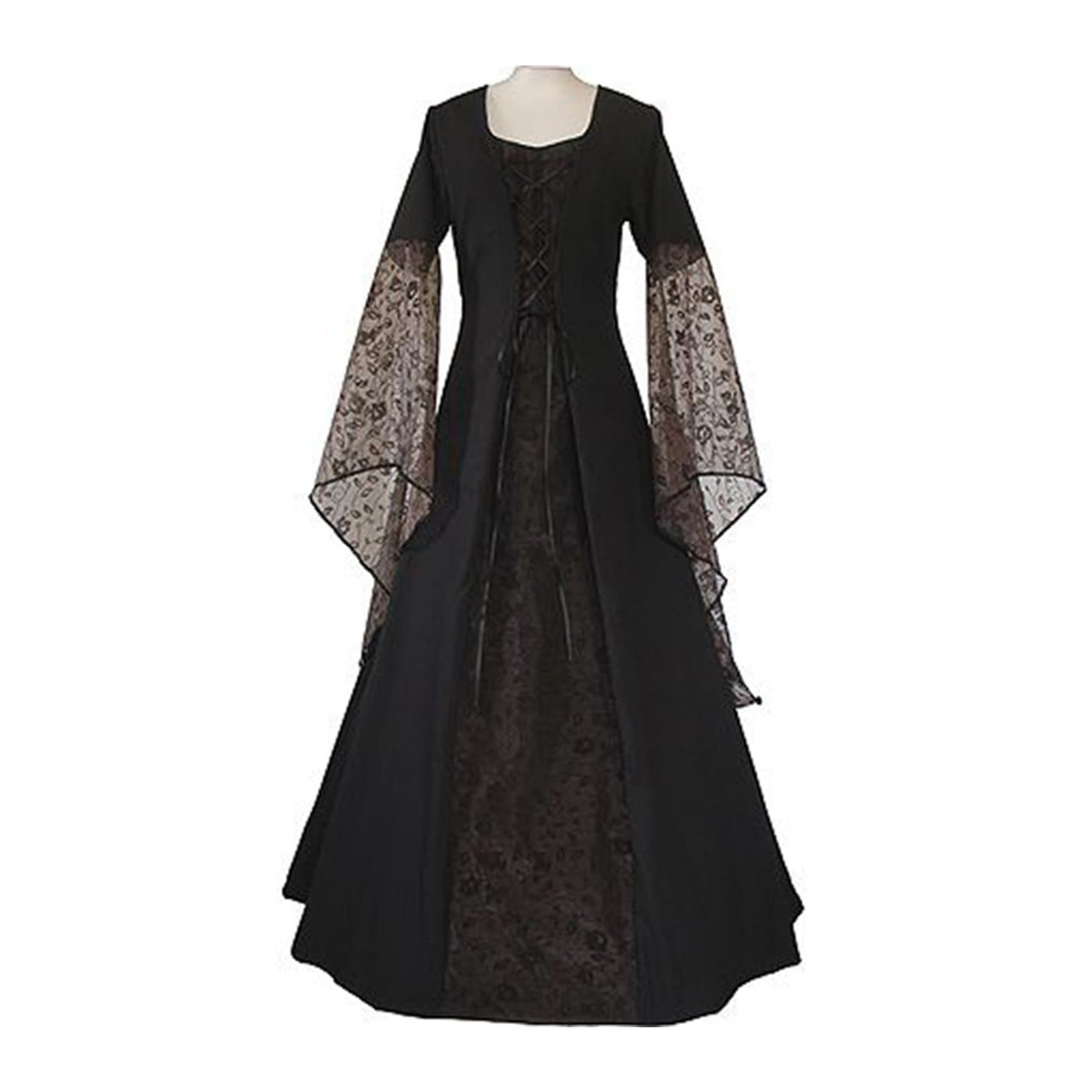 Womens Renaissance Medieval Costume Lace Up Floor Length Gown Long Dress (XXL, black)