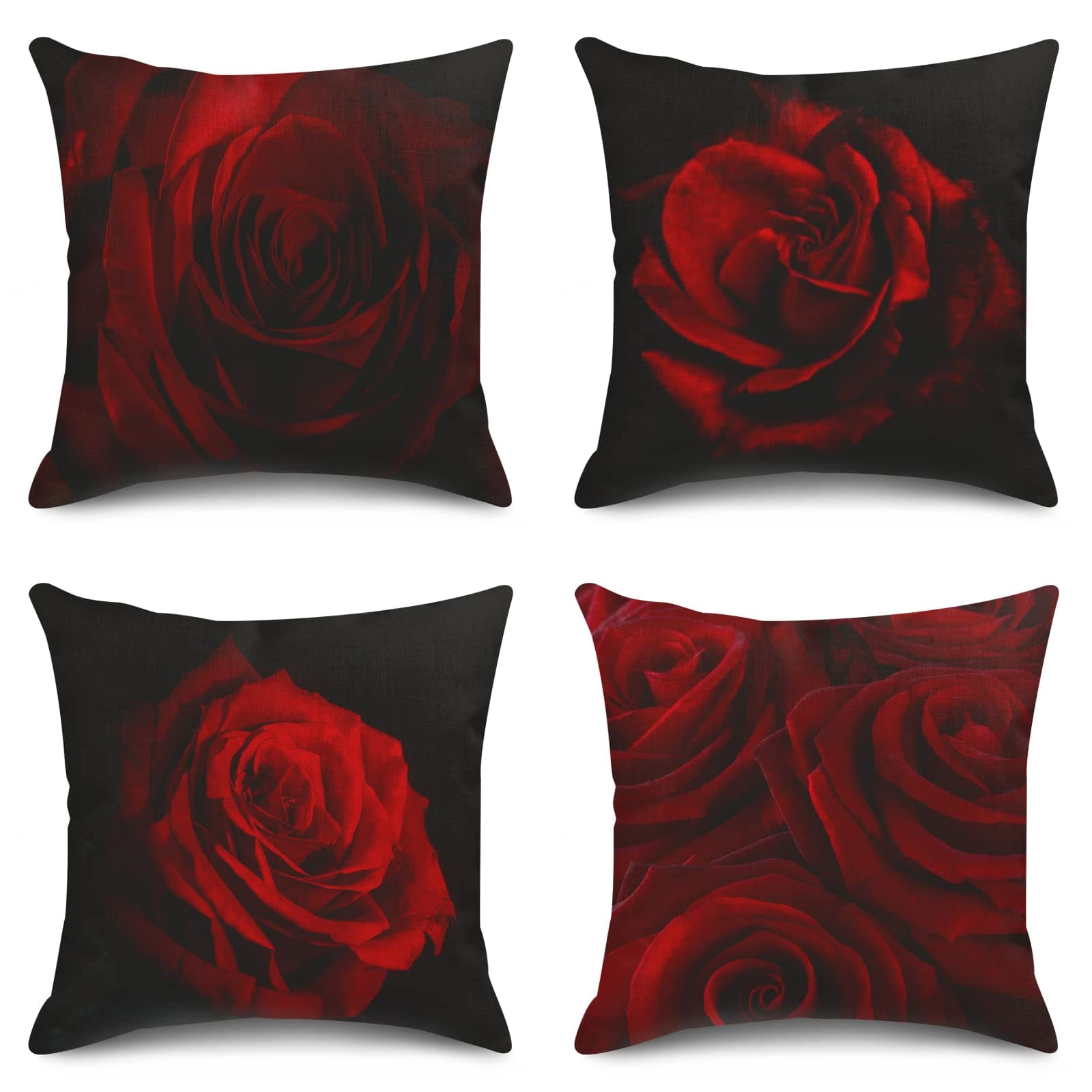 SanwarmThrow Pillow Covers Home Decor Set of 4 Pillow Cases Decorative 18 x 18 Inches Cushion Couch Sofa Pillowcases Red Rose Black Beauty Bloom