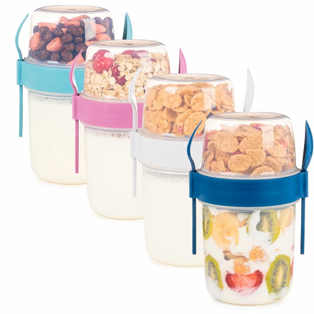 4 Pack On The Go 22 oz Breakfast Cups with Lids and Spoon, Reusable Cereal Yogurt Cup with Topping Plastic Overnight Oats Container for Granola Oatmeal (22 oz - 4 Pack)