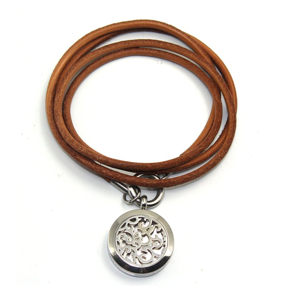 Aromatherapy Essential Oil Diffuser Bracelet, Genuine Leather Rope with Scent Diffuser Locket (4 Loop)