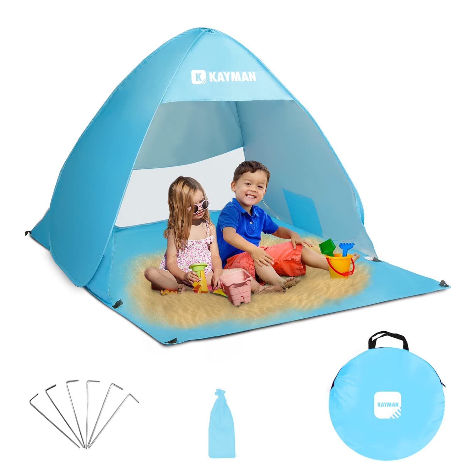 Kayman Pop Up Beach Tent - UPF 50+ for UV Protection for 3-4 Person with Carrying Travel Bag, Windproof Beach Sun Shelter with Zipper Door, Suitable for Family and Dog, Park, Garden (Blue)
