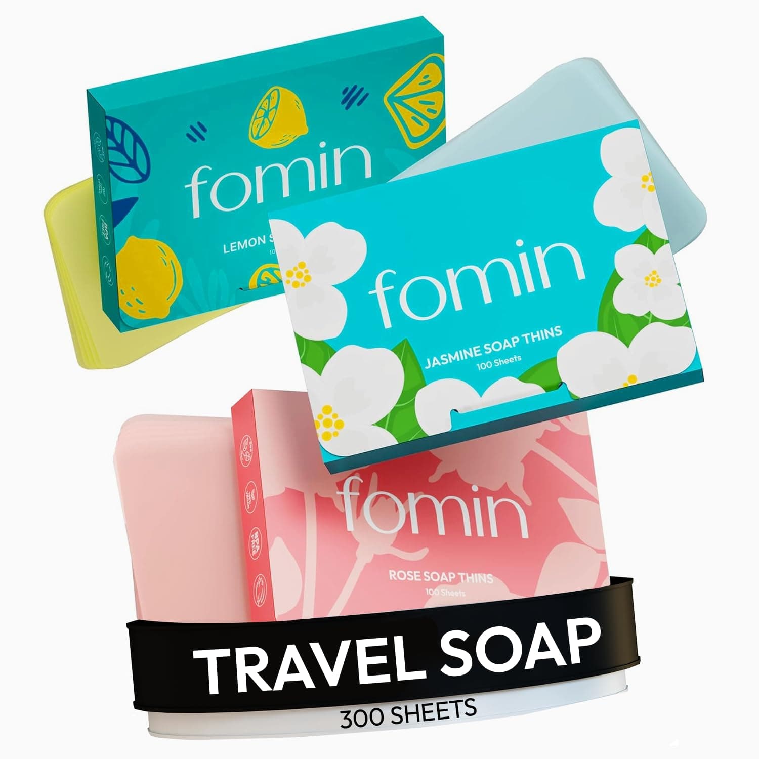 FOMIN - Antibacterial Paper Soap Sheets for Hand Washing - (300 Sheets) Rose, Jasmine, Lemon Portable Travel Dissolvable Camping Mini Soap Portable Hand Soap Sheets
