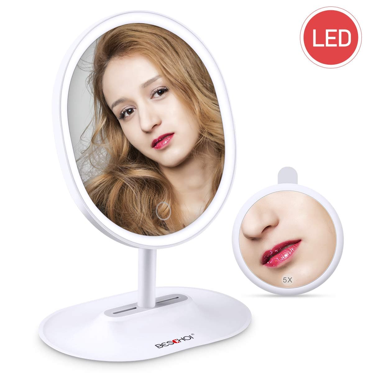BESCHOI Vanity Mirror, USB Rechargeable Makeup Mirror with Detachable 5X Magnification Spot Mirror, Travel Mirror,120°Adjustable,Touchscreen Dimmable LED Light Fill light Mirror