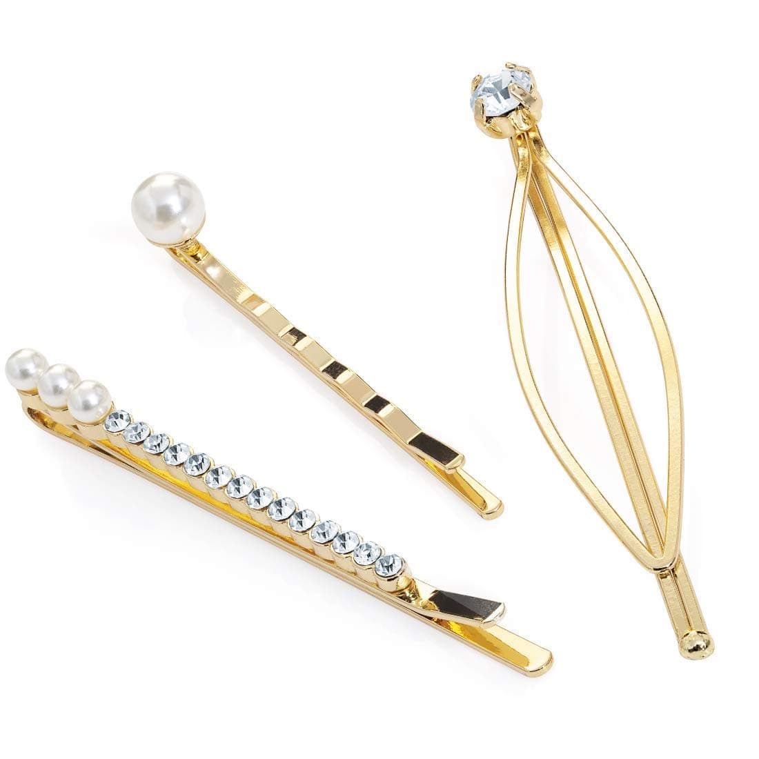 Sufias Accessories 3 x Gold colour cream pearl effect Kirby Grips Slide Diamante Hair Clips