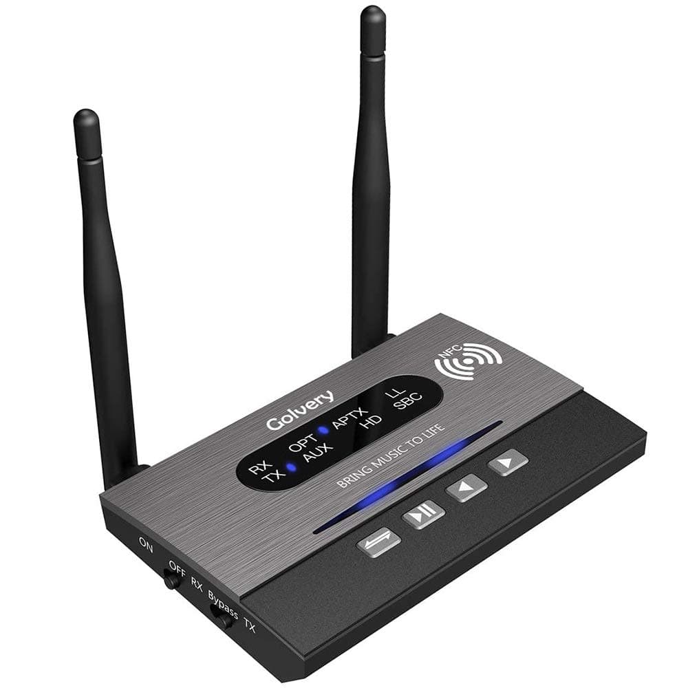 Golvery Long Range Bluetooth 5.0 Transmitter/Receiver/Bypass 3-In-1 Wireless Audio Adapter for TV Home Audio Stereo System, AptX HD&Low Latency, NFC Link, Full Aux RCA Optical Toslink Port Support
