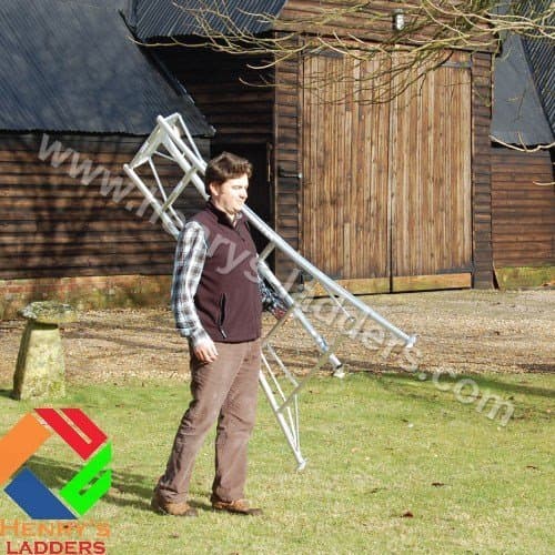 Henrys Tripod Garden Ladders with Built-in Platform by Henchman - 12' Semi (1 Leg) Adjustable). Lightweight Aluminium Garden Maintenance, Hedge Cutting, Tree Pruning, Fruit Picking, Topiary Ladder.