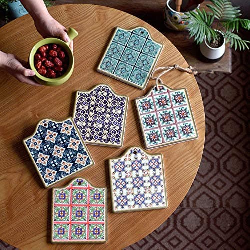RISEON Boho Vintage Moroccan Ceramic Trivet Pot Holder Non-Skid Heat Insulation Hot Pot Pad Mug Cork Mat Cork Holder Bowl Pad Coaster Drink Cupmats Table Placemats Home Cafe Decor Gift (A)