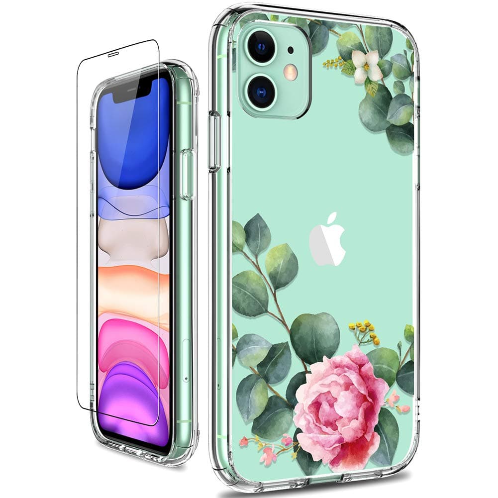 GiiKa for iPhone 11 Case with Screen Protector, Clear Heavy Duty Protective Case Floral Girls Women Shockproof Hard PC Back Case with Slim TPU Bumper Cover Phone Case for iPhone 11, Camellia