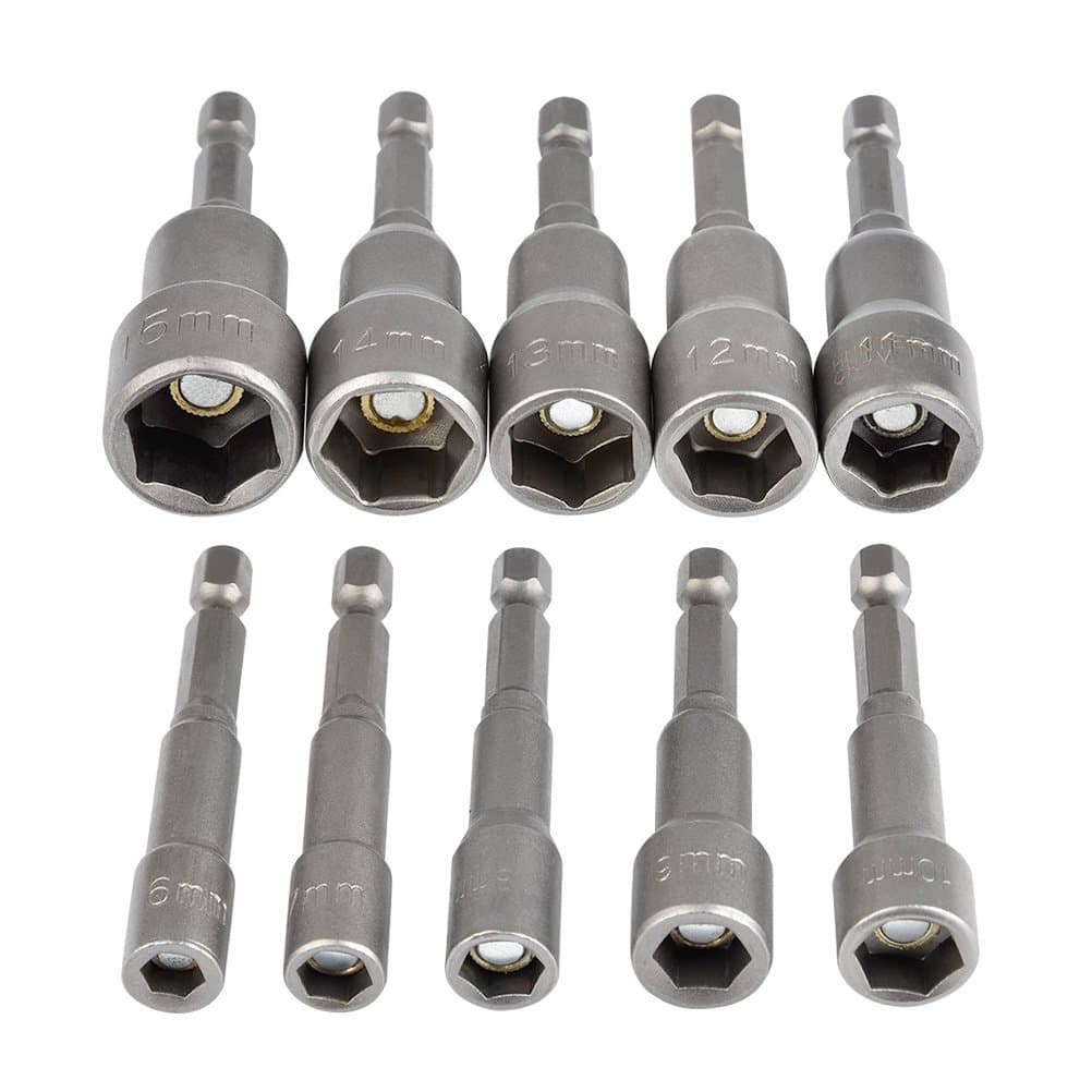 TIMESETL 6-15mm Magnetic Nut Setter Driver Drill Bit Set 1/4 inch Hex Shank Quick Change Metric Nut Driver Set - 10pcs