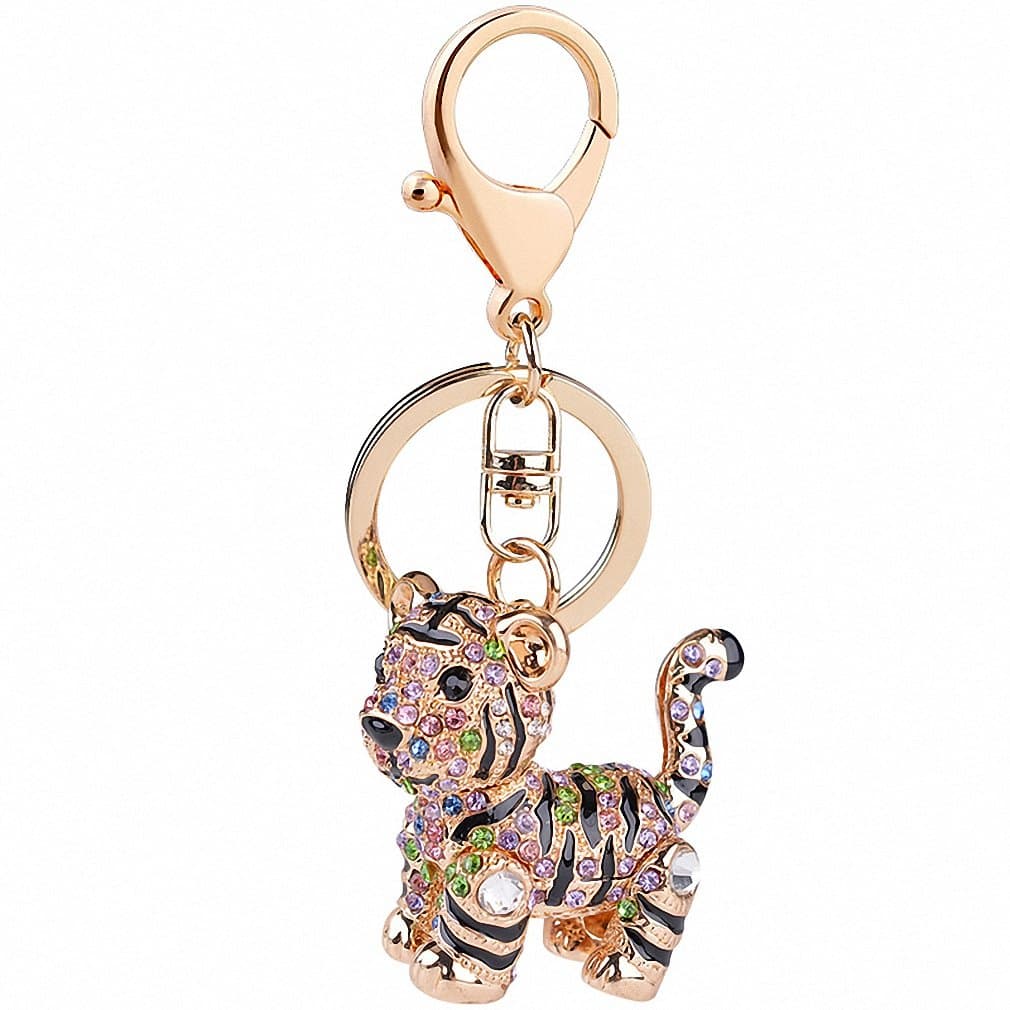 Womens Mens Creative Colorful Lovely Tiger Key Chains Gem Studded Luxury Pendant Key Holder Small Gifts for Friends