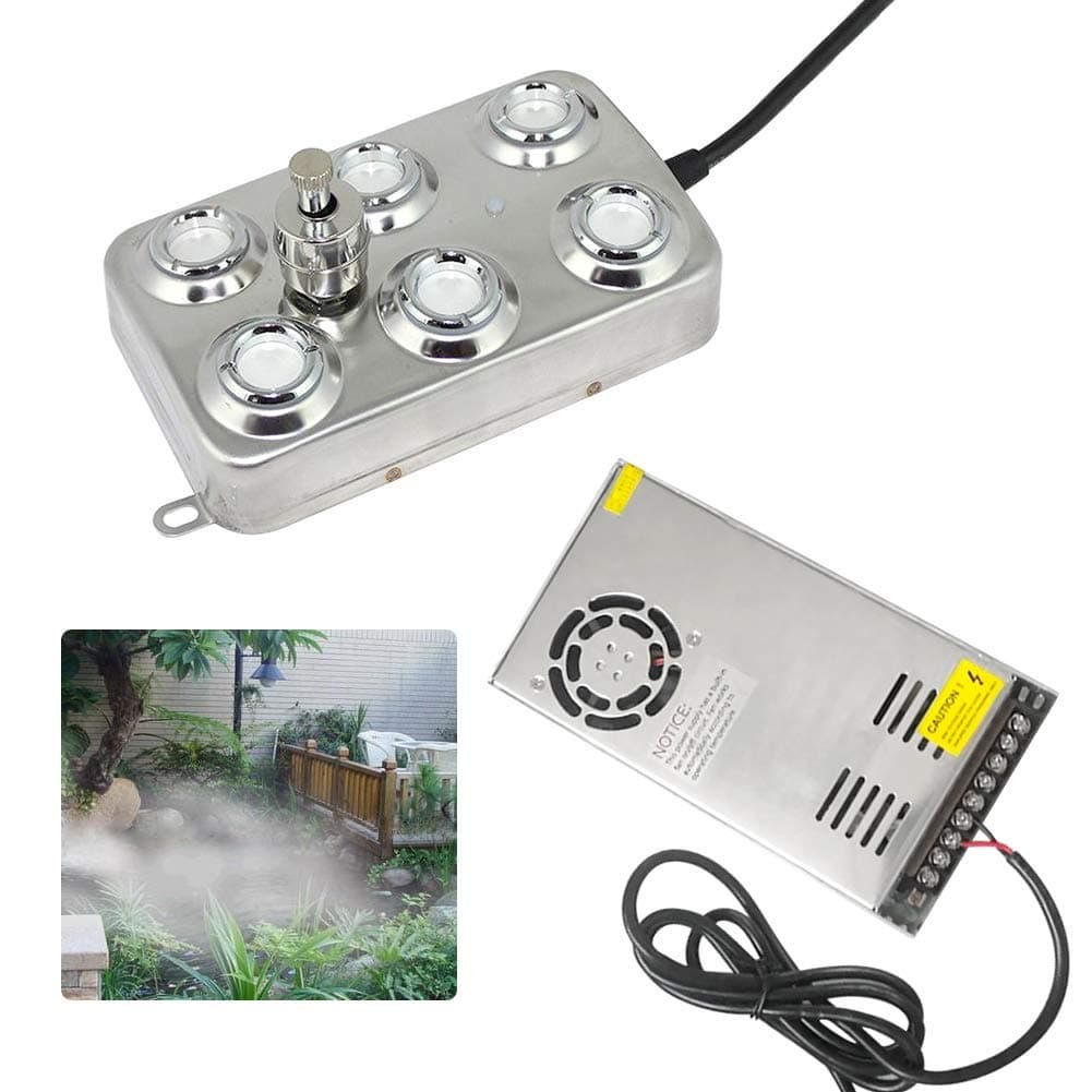 Bespick Mist Maker Fogger 6 Head Pond Fogger Ultrasonic Atomizer Water Fountain Pond Fog Machine for Gardening Swimming Pool Greenhouse Hydroculture (Included Transformer and US Plug)