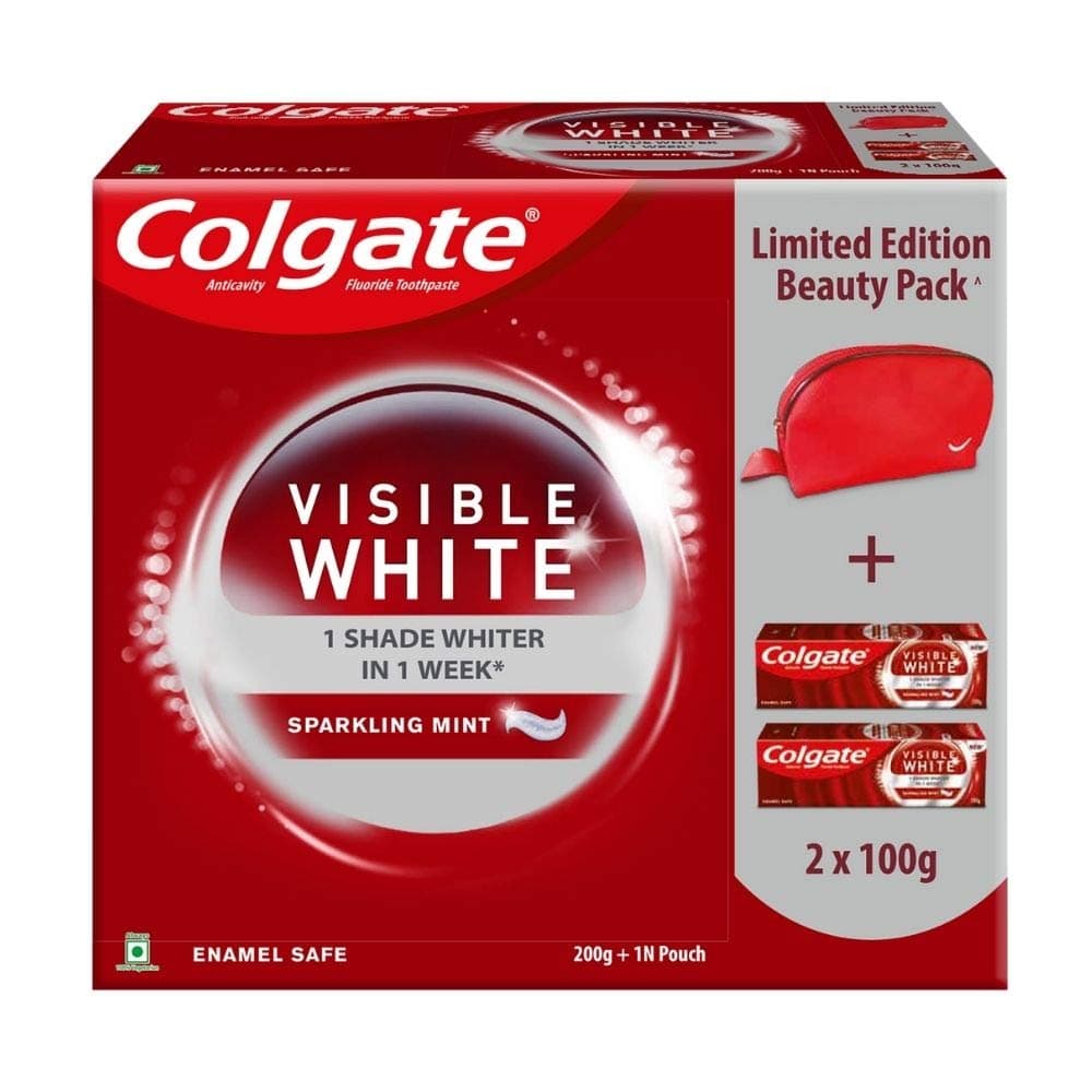 Colgate Visible Whitening White Beauty Combo (2N X 100 gram Toothpaste, Dazzling Red Beauty Pouch), Multicolour,61010325