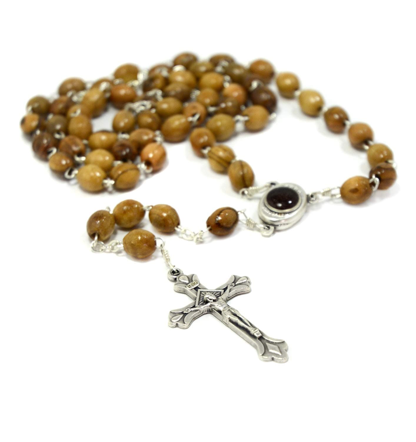 Olive Wood Rosary Bead Necklace & Cross with Holy Land Soil (Terra Jerusalem) from Bethlehem - Christian Jewellery for Men & Women with Certificate of Authenticity in Cotton Pouch