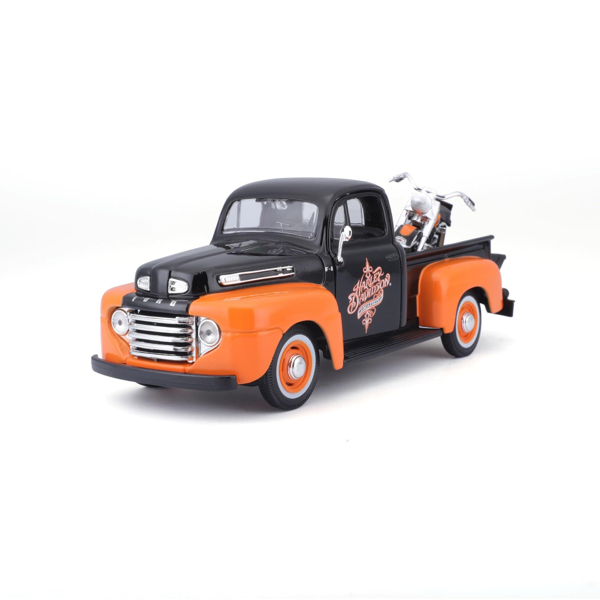 Maisto 1948 Ford F-1 Pickup Truck with 1958 Harley Davidson FLH Duo Glide Motorcycle Orange and Black 1/24 Diecast Models