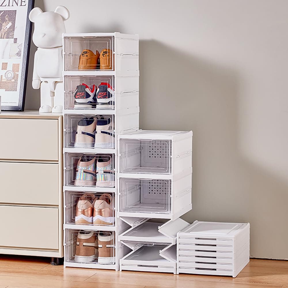Foldable Shoe Rack Organizer Size up to 14,No Assembly Stackable Shoe Storage Box with Doors,Free Standing Plastic Space Saving Shoe Cabinet Bins Dustproof 6 Tiers